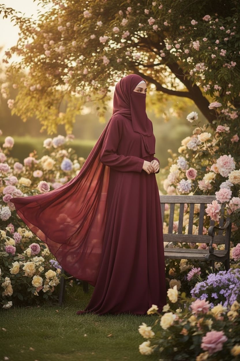 Front Open Summer Georgette Abaya- Maroon - Image 3